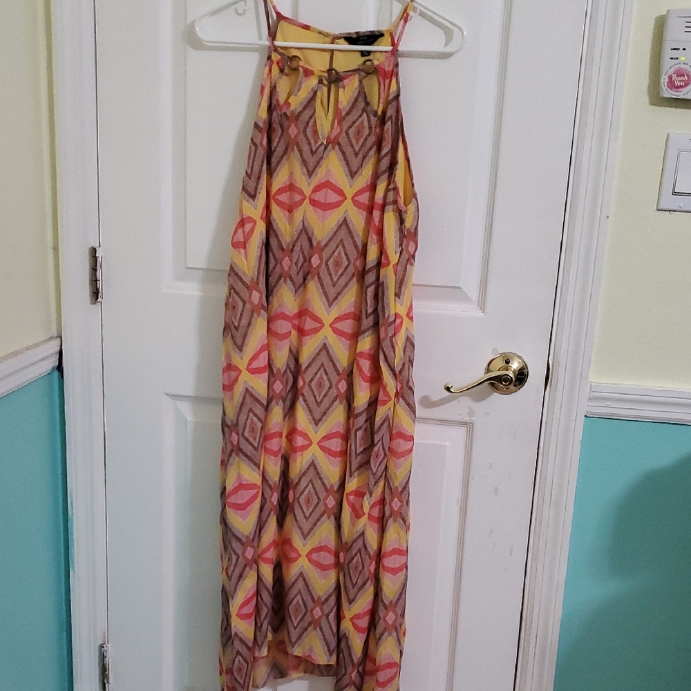 Mlle Gabrielle Colorful Geometric Aztec Print High Neck Shift Maxi Dress 2X